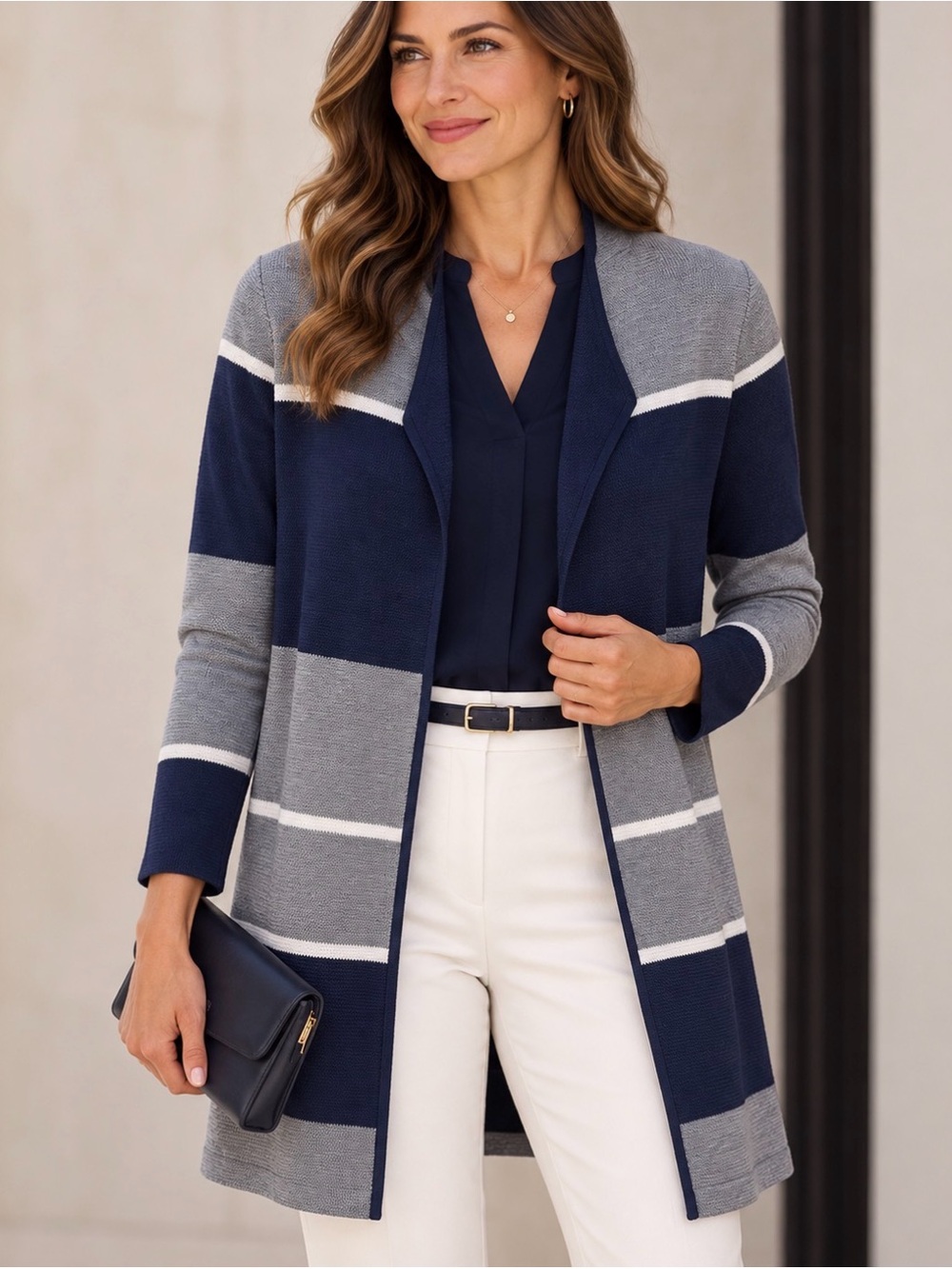 NWT Talbots Classic Navy & Gray Pure Merino Wool Open Front Cardigan